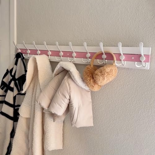 Image of SKOLOO Coastal Coat Rack Wall Mount-38.12 inch Beach House Entryway Wooden Coat Hook with 10 Hooks for Hanging Coats, Hats or Towels, Oceanfront Cottage Core Collection, White & Palm Beach Pink, Pack of 2