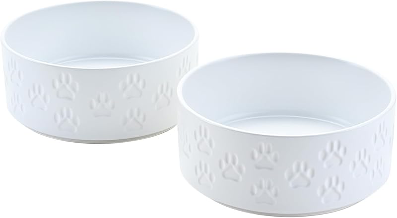 Comedouros para Cães em Cerâmica com Base Antiderrapante SPUNKYJUNKY, 60 oz, 2 Unidades, Paw White