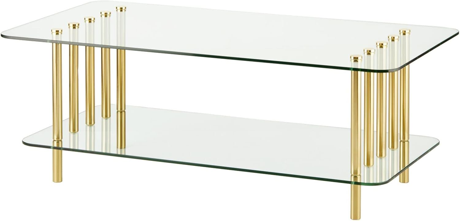 mDesign Long Glass Top Coffee Table - Modern Decorative Accent Metal Rectangular Furniture for Bedroom, Living Room, Home Office, Dorm Room - 16" Tall - Clear/Brass
