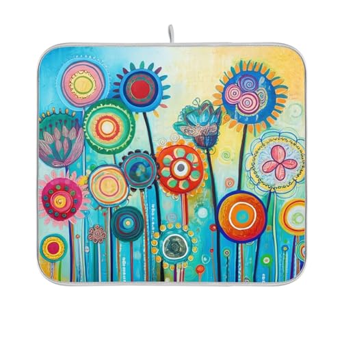 Alfombrillas de secado de platos, lindas y absorbentes, de secado rápido, multicolor, coloridas, con diseño floral de diente de león, para encimera de cocina, 18 x 24 pulgadas