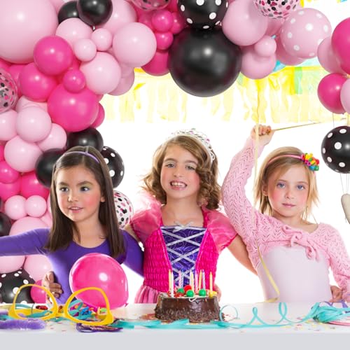Image of Amandir 153pcs Pink Black Balloon Garland Arch Kit Different Sizes | 18 12 10 5 inch Pink Black Latex Dot Confetti Balloons for Girl Cartoon Mouse Birthday Party Decoration