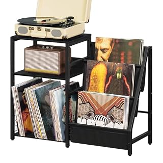 LELELINKY Black End Table,Record Player Stand with Vinyl Storage,3 Tier Side Table with Display Shelf Storage Up to 150 Albums,Industrial Large Record Holder Cabinet for Living Room - Les Beatles, Paul McCartney, John Lennon, RIngo Starr, George Harrison