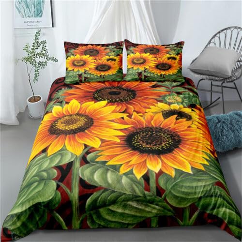 Housse de couette 220x240 tournesol brun avec 2 taies parure de lit adulte microfibre