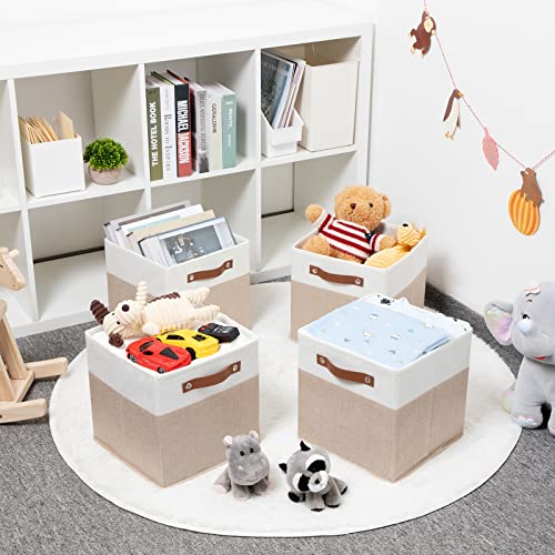 Hnzige Fabric Storage Baskets Cubes Bins For Shelves, 11 X11 Foldable Storage Bins, Decorative Storage Basket With Leather Handles For Storage Clothes Home Nursery(White Beige-4Pack) #TOP2