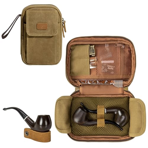Yarwo Waxed Canvas Tobacco Pipe Pouch Holds 2 Pipes and Accessories Smell Proof Tobacco Smoking Storage Bag Case with Leather Pipe Stand for Travel Bag Only