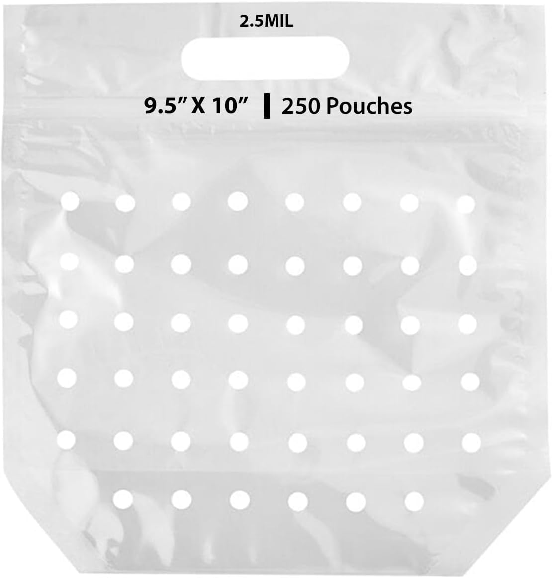 Polypropylene Vented Produce Pouch (2 LB) 2.5Mil, 9.5″ X 10″ X 3.75″ BG & 250 Pouches | Clear Retail Produce Bag with Zipper | Die-Cut Handle, 2 lb Capacity & Vent Holes help Preserve Freshness