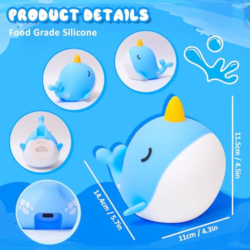 Image of Ammonite Blue Narwhal Night Light, Soft Silicone Whale Nursery Lamp with 3 Dimming Levels and 30-Minute Timer, Touch Control Nightlight for Bedroom Decor, Christmas Birthday Gift