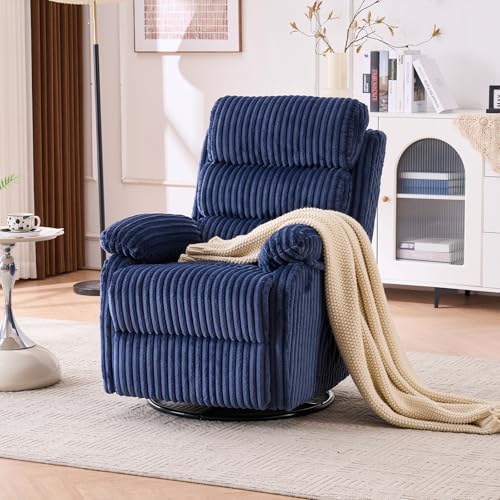 Seanrum Premium Velvet 360° Swivel Recliner - High Back Gliding Rocking Chair Nursery Recliner Chair, Plush Footrest, Supportive Armrests & Side Pocket, Great for Nursery & Living Room, Blue