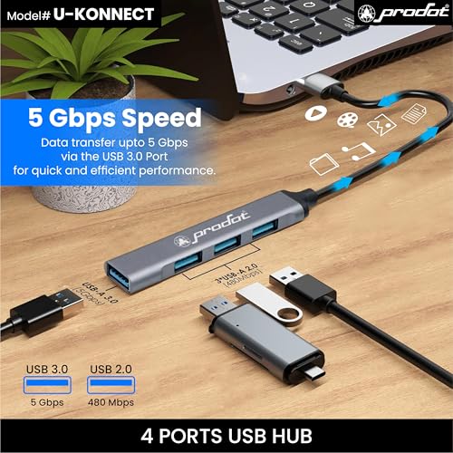 Image of ProDot U-Konnect 4-Port USB Hub, Multiport Adapter with 1 x USB 3.0 & 3 x USB 2.0 Ports, 5 Gbps Fast Data Transfer, Compact Plug & Play USB Splitter for MacBook, Laptop, PC (Aluminum, Silver)