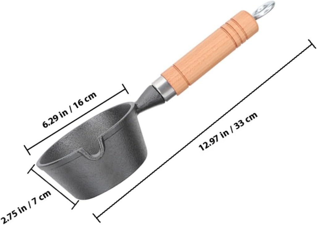 Cabilock Iron Small Saucepan with Spout 16cm Cast Iron Mini Pot Wood Handle for Pouring Oil and Melting Butter, Kitchen Cooking Pot Suitable for Stovetop and Milk Warming
