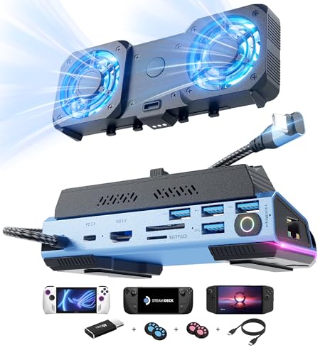 Steam Deck OLED&ROG Ally X&Legion GO - 13-in-1 Docking Station Dismantling Dual Cool Fans Steam, 4K@60Hz, 4 USB Ports, 100W PD Charging, Gigabit Ethernet Fit for Steam Deck