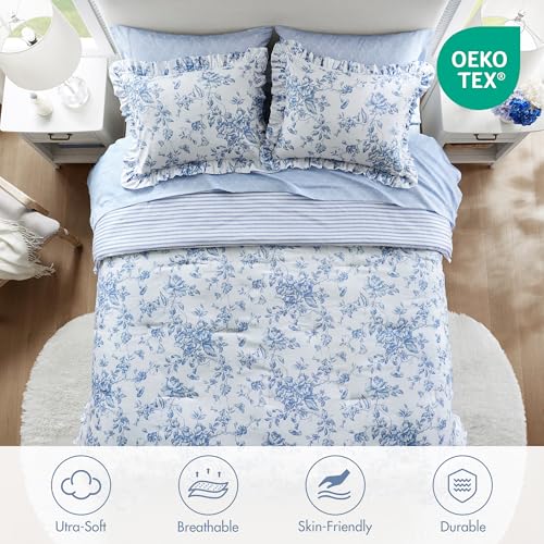 Image of Madison Park Essentials Adele Blue Floral Full Size Comforter Set - Vintage Bed in a Bag with Sheets, Reversible Ruffle Bedding, Elegant Gift for Her