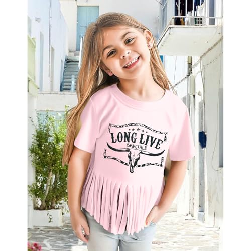 Image of Girls Western Shirt Cowgirls Embroidered Country Concert T Shirt Graphic Horseback Rider Tassel Fringe Tee Tops
