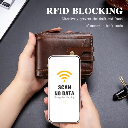 Image of Genuine Leather Wallets for Men with Zipper RFID Blocking Large Capacity Retro Mens Wallet with Coin Pocket ID Window, Brown