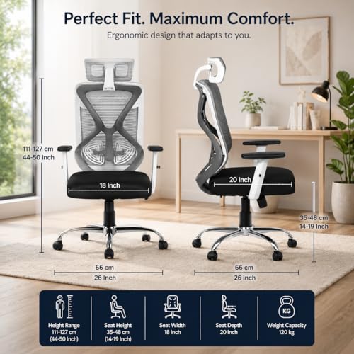 Image of HIGHLIVING Ergonomic Office Chair with Adjustable Headrest & Lumbar Support | Synchro Tilt 135 | Breathable Mesh Back | Height Adjustable Armrest | Class 4 Gas Lift | Heavy Duty Metal Base