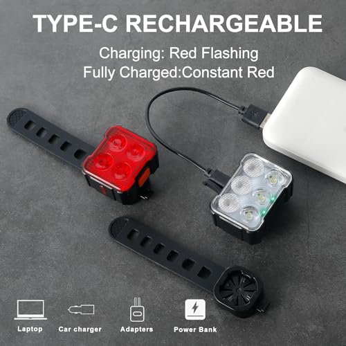 KunHe 4 Pack USB Rechargeable Bike Light Set Super Bright Bicycle Lights for Kids Dimmable Front Headlight and Back Taillight 6 LED