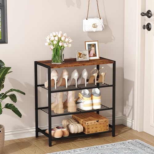 Image of HOMEFORT 4-Tier Metal Shoe Rack, All-Metal Shoe Tower, Shoe Storage Shelf with MDF Top Board, Each Tier Fits 3 Pairs of Shoes, Entryway Shoes Organizer with Sturdy Metal Shelves in Rustic Brown