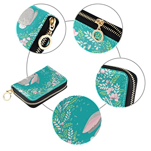 Happy Easter Two Hares, Floral Wreath, Floral Ornament on TurquoiseGrey Credit Card Coin wallet, RFID Blocking Compact Women Leather Card Holder, Key Change Organizer, Zipper Purse Clutch Pouch3