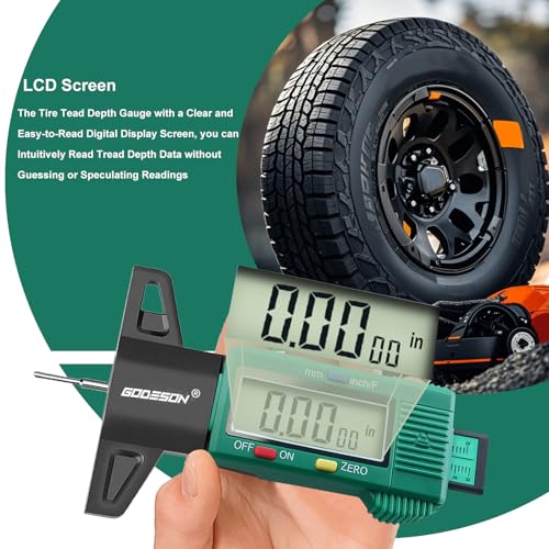 Image of GODESON Tire Tread Depth Gauge - Large LCD Screen with Inches /Millimeters /Fraction Units, Zero Reset Function, Digital Tire Depth Gauge for Car, Truck, SUV, Green Tread Wear Measurement - 0-25.4mm