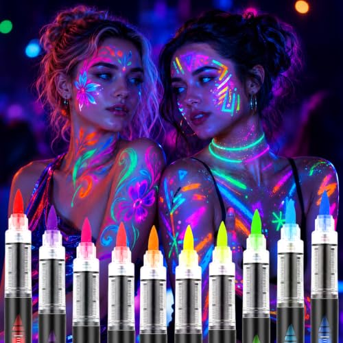 Lictin Marqueurs Peinture Corporelle UV Néon, 10 Couleurs Fluorescentes