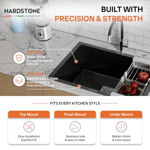 Image of HARDSTONE Premium Kitchen Sink | Single Bowl 24x18x9 Inch | Handmade Heavy Duty Stainless Steel Kitchen Basin with Matte Black Finish | Includes Waste Hose Pipe, Coupling & Compact Drying Rack | BLACK