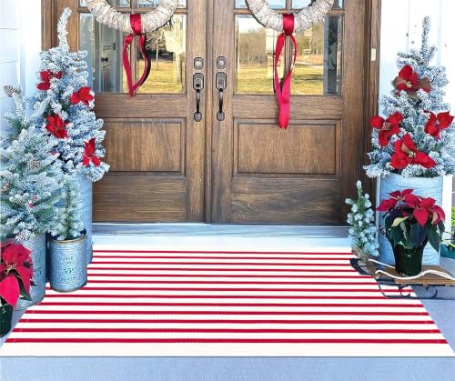 Christmas Front Porch Rug 24'' x 51'' Red and White Striped Rug Hand-Woven Machine Washable Indoor/Outdoor Layered Door Mats for Entryway/Bedroom/Outdoor