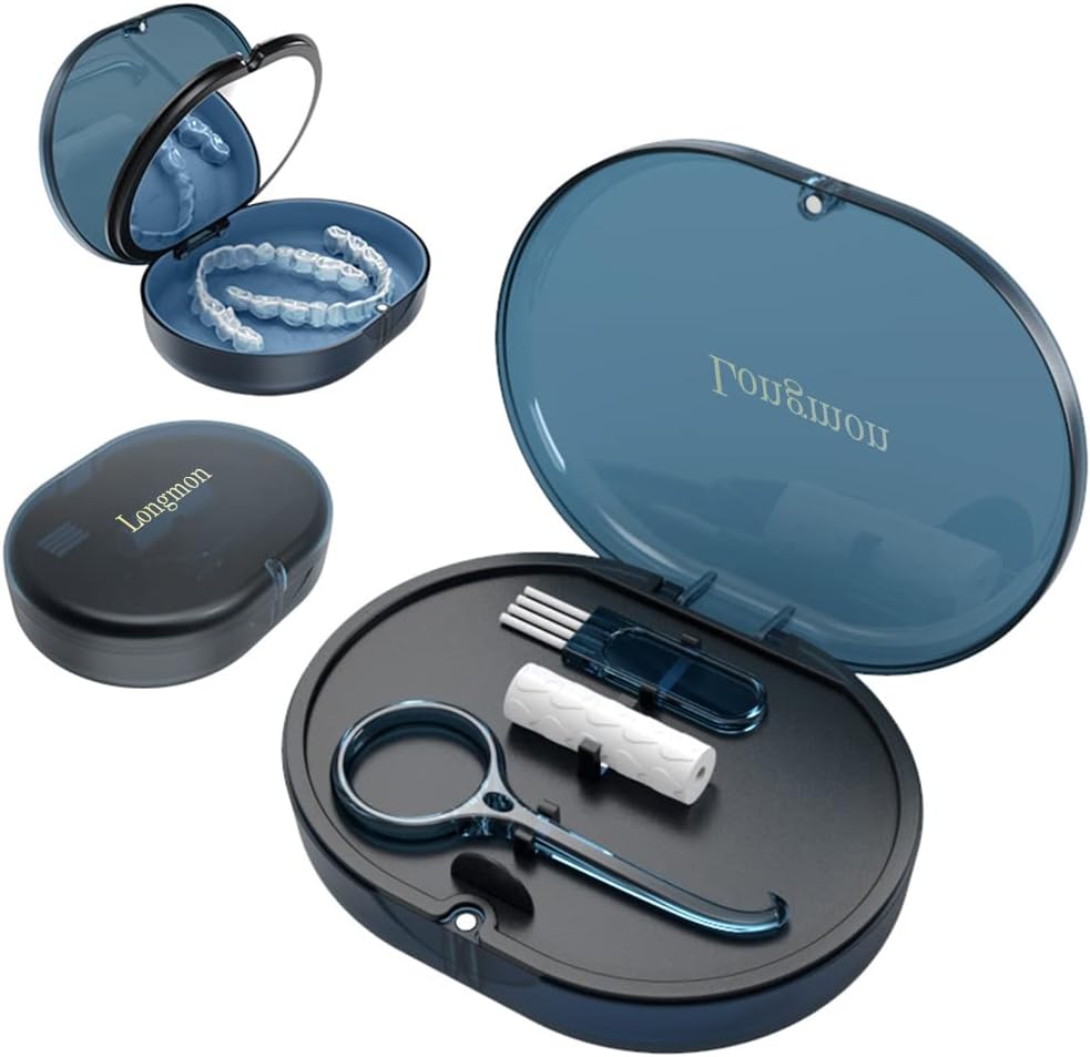 New Double-layer Retainer Storage Case with Belt Chewing,Removal Tool,Cleaning Brush,Built in Mirror Orthodontic Retainer Case