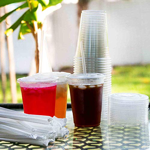 Safeware [100 Sets - 16 oz.] Disposable Clear Plastic to go Cups with Flat Lids and Straws | Ice Coffee | Bubble Tea | Smoothie | Cold Beverage | Milkshake | Travel. - Thumbnail 2