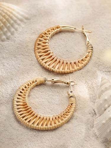 MINACHI Boho Handwoven Rattan Hoop Earrings, Bohemian Summer Beach Statement Jewelry Gift for Women (2)2