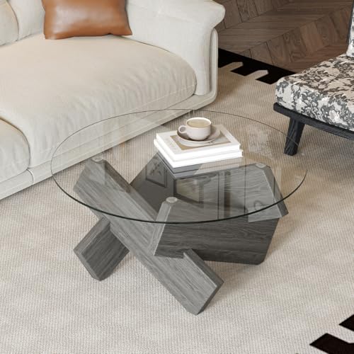 Svmdcu Gray Round Glass Coffee Table,33-Inch Coffee Tables for Living Room Clear Circle Accent Table Adapts to Farmhouse and Contemporary Decor