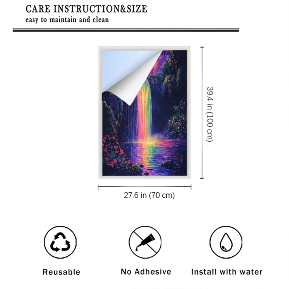 Abstract Waterfall Window Film Privacy Vintage Forest Night Scene Decorative Stained Glass Decal for Home, Adhesive Window Sticker 27.6Wx39.4L inch