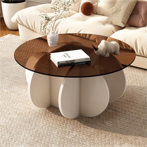 Moderner runder Couchtisch mit Glasplatte und rustikalem Holzsockel, großer Schreibtischbereich, abgerundete Ecken, leicht zu reinigen, Weiß (70 cm)