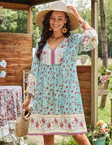 Image of Bluetime Women Casual Summer Dress Boho V Neck 3 /4 Sleeve Babydoll Floral Print Flowy Beach Dress