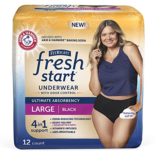 Image of FitRight Fresh Start Incontinence and Postpartum Underwear for Women, Large, Black (12 Count) Ultimate Absorbency, Disposable Underwear with The Odor-Control Power of ARM & Hammer