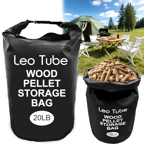 LeoTube Heavy-Duty Wood Pellet Storage Bag, 20LB Waterproof Smoker Bag - 500D PVC Outdoor Storage Container with Buckle Seal, Label Pocket & Handles for BBQ, Grill, Pellet Smoker (Black)