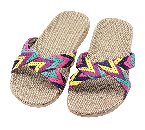 FRALOSHA Women's Summer Slippers Flax Cross House Shoes Indoor Breathable Outdoor Sandals