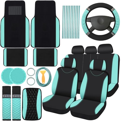 BBTO 43 Pcs Bling Car Accessories Set for Women Front Seats and Rear Bench Polyester Car Seat Protectors Wheel Cover Seat Floor Mats Full Crystal Automotive Interior Decor(Mint Green)