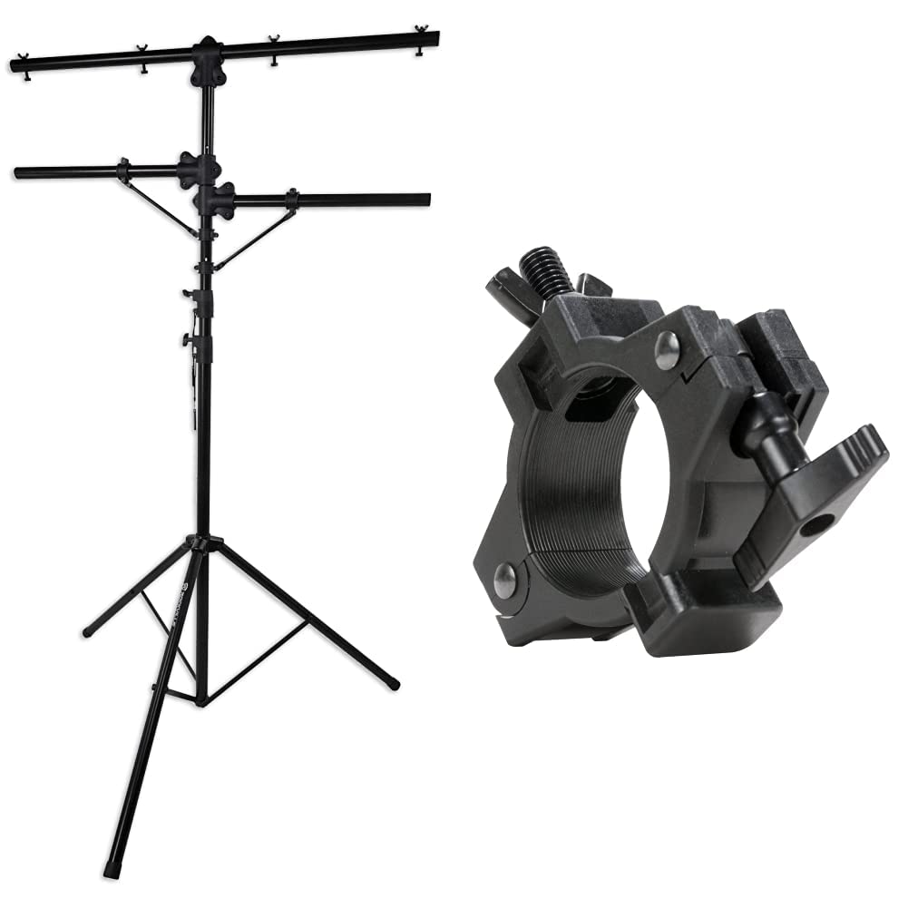Photo 1 of Rockville 10' Ft Tripod Lighting Tree Stand w/Side Bars-110lb Capacity (RVLS1) & ADJ Products OSLIM 1.5, 360 Degree O-Clamp Fixture Hanger, Designed for Trusses (Slim 1.5) Stand + Hanger, (Slim 1.5)