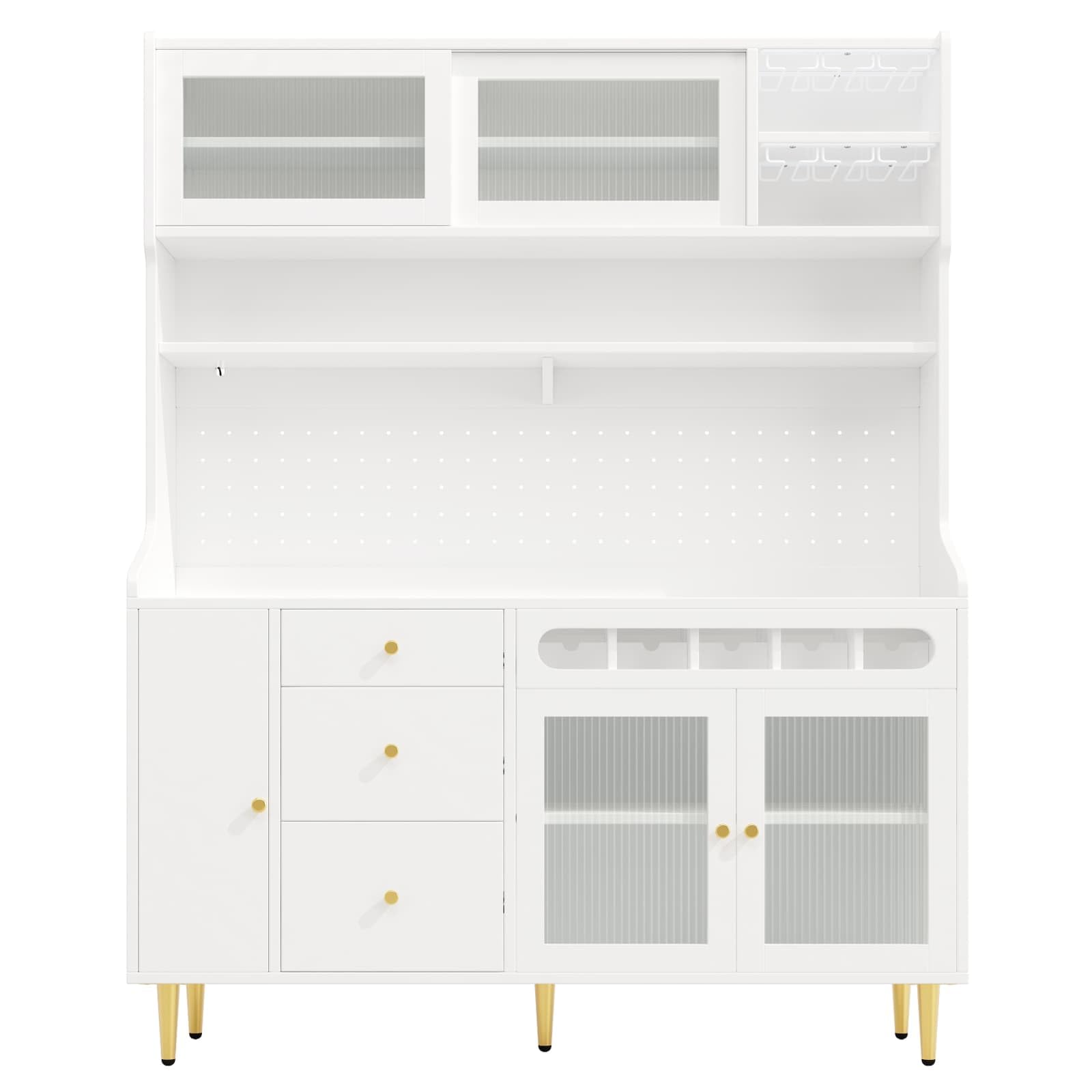 Buffet Salle a Manger,Buffet Haut de Cuisine,Armoire de Salon Moderne,Meuble de Rangemen avec étagères réglables et éclairage LED,Tiroir avec casier à Bouteilles,145x39x171cm (Blanc-A)