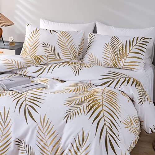 Muginyu Green Gold Leaf Comforter Set Queen Size ,3 Pieces Bedding Set With Tropical Botanical Leaves Printed On White ,Soft Lightweight Microfiber Garden #TOP4