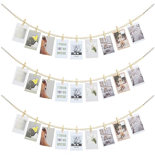 Image of KLOGTSIND Hanging Photo Display Wall Decor, 3PCS Boho Wooden Bead Garland Collage Picture Frame with 9 Wood Clips for Bedroom, Living Room, Office, Dorm Decor, Photos Holder Teen Girl Gifts