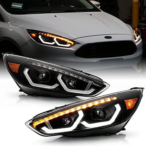 ACANII - For [Factory w/o LED DRL Model] 2015-2018 Ford Focus Black Sequential LED Tube Projector Headlights Left+Right