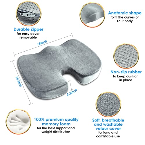Seat Cushion & Lumbar Support Pillow For Office Chair, Car, Wheelchair Memory Foam Chair Cushion For Sciatica, Lower Back&Tailbone Pain Relief Desk Pad With Adjustable Strap Washable Cover Grey #TOP4