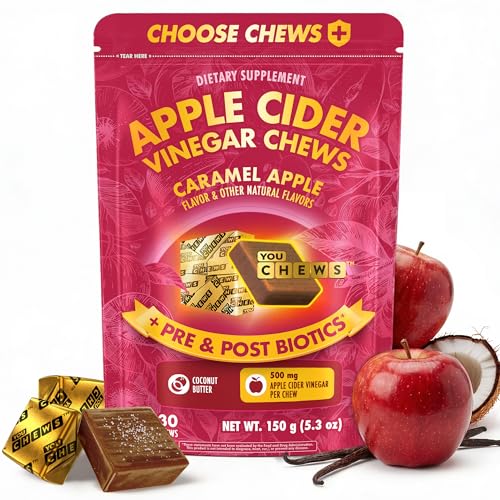 YouChews Apple Cider Vinegar Chews – 500 Mg Organic Apple Cider Vinegar Gummies with Prebiotics & Postbiotics | Gut Balance Support | Low Sugar Apple Cider Gummies | Caramel Flavor | 30 Chews Pack