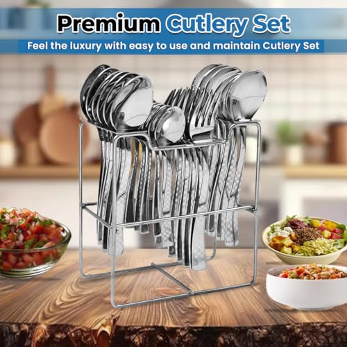 Image of Premium Stainless Steel, 25-Piece Cutlery Set for Kitchen & Table (6 Dessert Spoons, 6 Dessert Forks, 6 Tea Spoons, 6 Soup Spoons, 1 Storage Stand) (25, Silver)