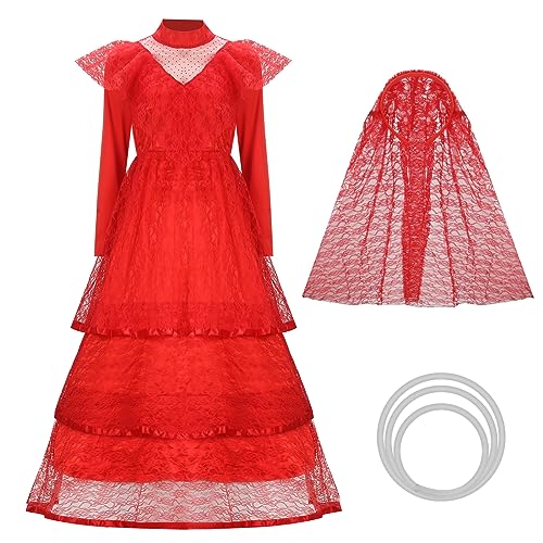 LIKUNGOU Braut Lydia Rotes Hochzeitskleid Kostüm für Frauen Halloween Gothic Spitze geschichtet Kleid mit Brautschleier Cosplay Outfit (L)