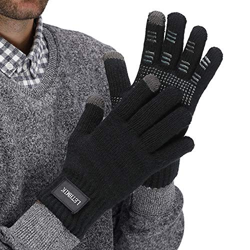 LETHMIK Mens Non-Slip Winter Gloves,Touchscreen Thick Knit Texting Gloves with Warm Wool Lining Black