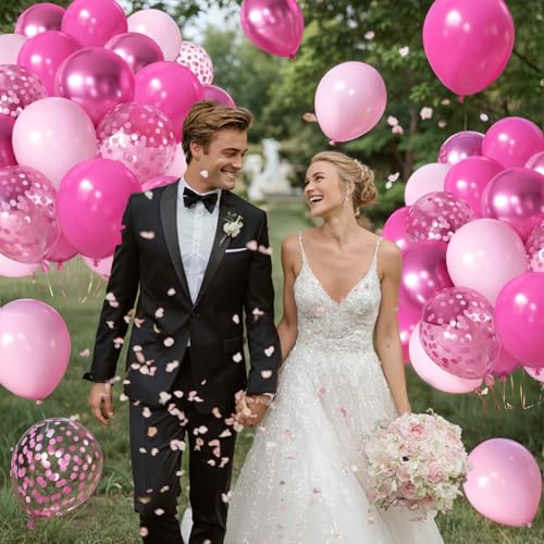 Image of Pink Balloons Hot Pink Balloons, 50pcs Light Pink Metallic Chrome Dark Pink Confetti Latex Party Balloons for Girls Women Birthday Bridal Shower Wedding Princess Party Decorations