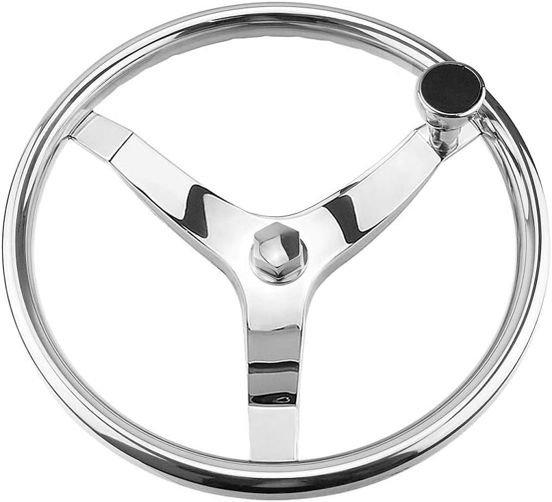 Stainless Steel Boat Steering Wheel,3 Spoke 13-1/2" Dia with Spinner knob, with 5/8" -18 Nut for Seastar and Verado
