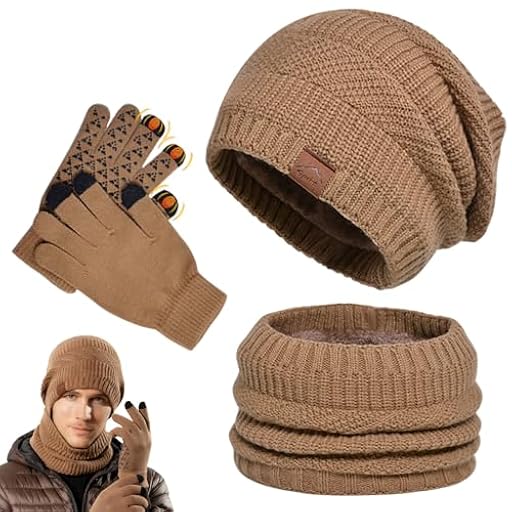 Tbintul Sombrero de Gorrita Tejida, Bufanda, Guantes de Pantalla táctil 3 en 1, Invierno, Forro Suave, Gorro de Punto Cálido, Unisex, Bufanda de Punto Grueso (Caqui) | Ya disponible en tu tienda friki favorita! En mundofriki.es!